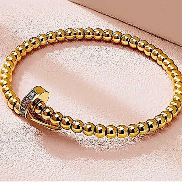 Gold Plated Beaded Nail Screw Tack Bangle Bracelet - Picture 5 of 6